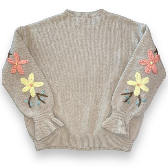 See and Be Seen Array of Flowers Embroidered Tan Sweater Medium - Picture 5 of 11